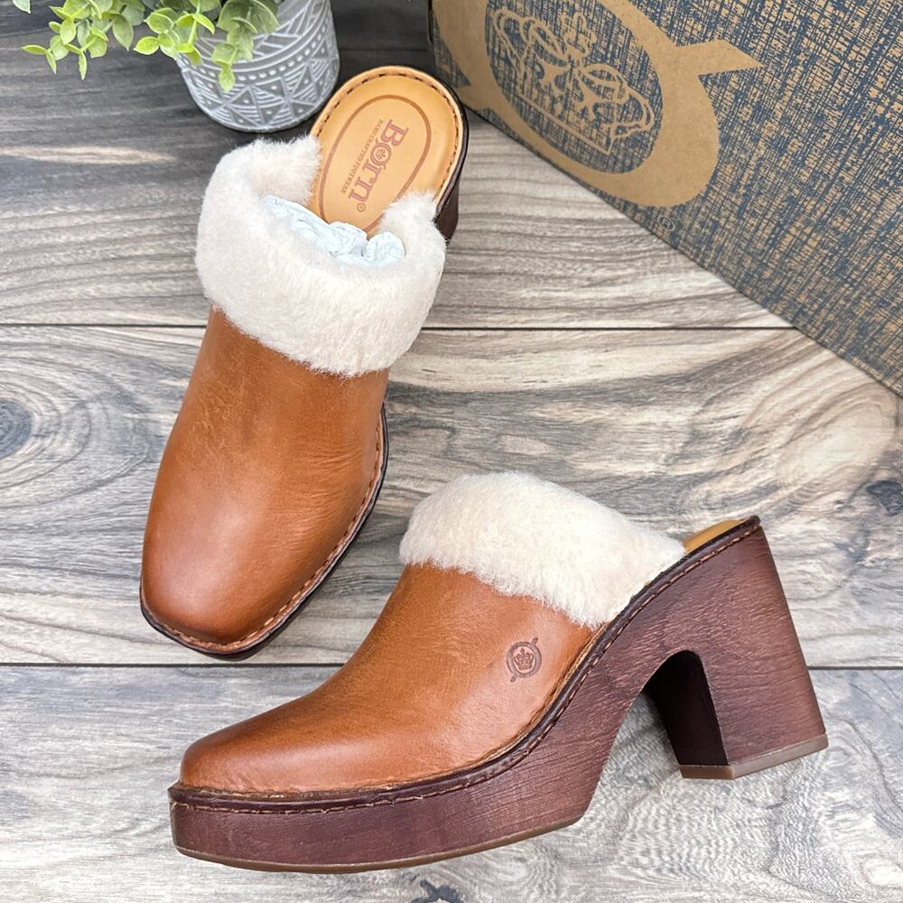 NIB Born Hope 8M Shearling-Lined Open Back Heeled Leather Clogs Brown Tan - Picture 1 of 11
